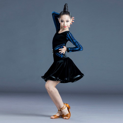 Girls kids blue velvet striped latin ballroom dance dress for children long sleeves rumba salsa chacha dance dress for girl